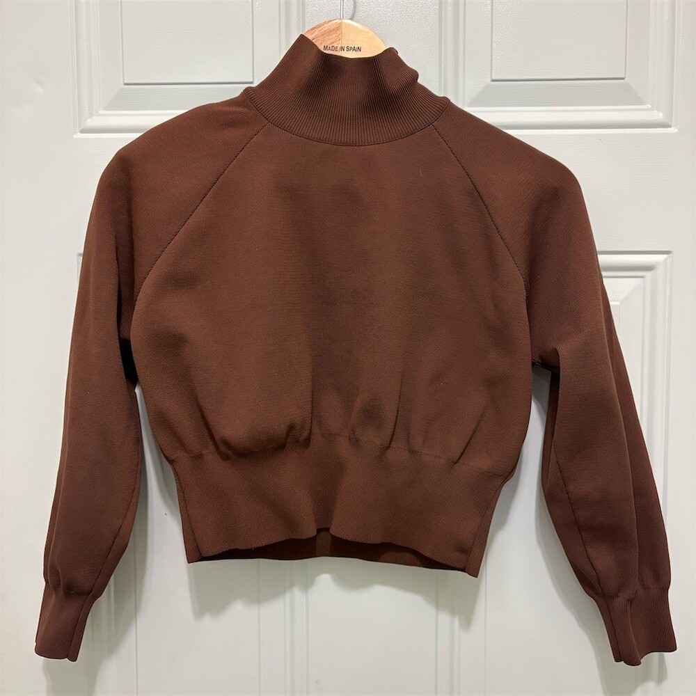 Zara Sweater Womens Size M Brown Cropped Mock Neck Pullover Shoulder Pads